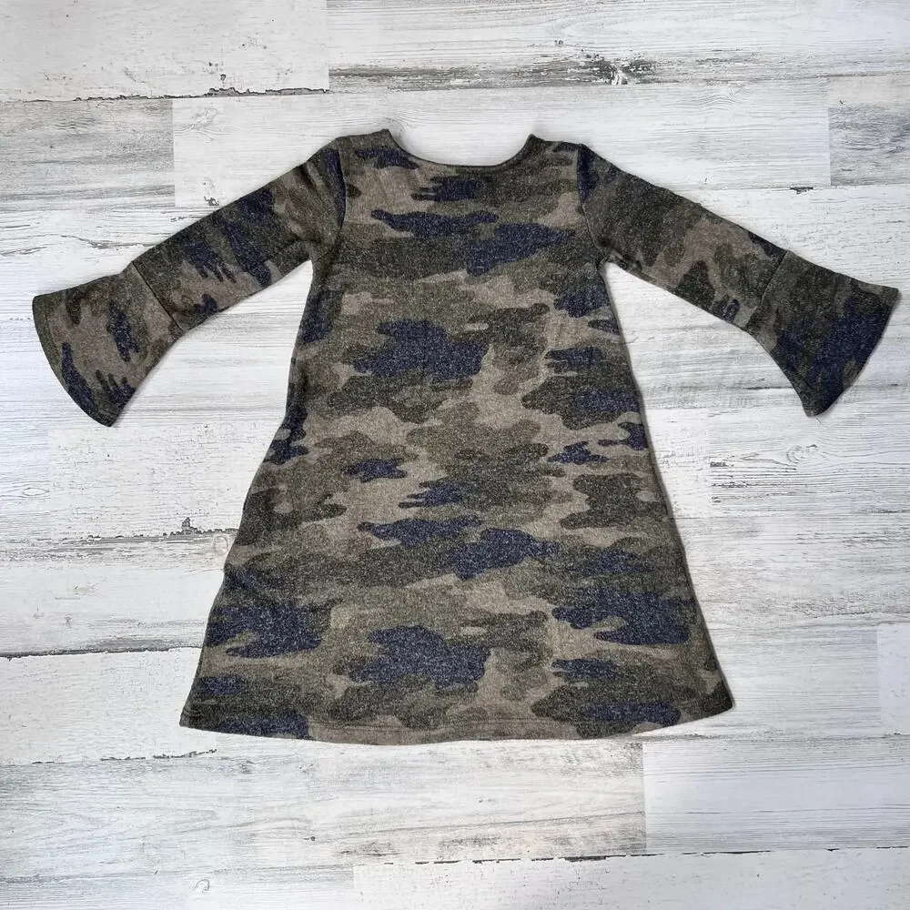 🍄3/$15 Rumi + Ryder Dress Girls XS 4-5 Green Camo Bell Sleeve Pullover Pockets